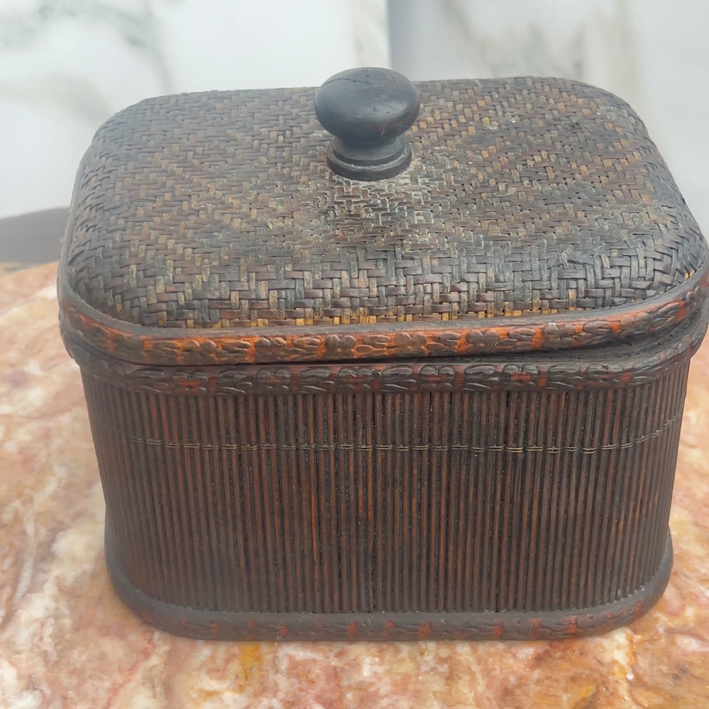 Vintage Woven Bamboo Wood Trinket Box Handcrafted Decorative Storage Keepsake